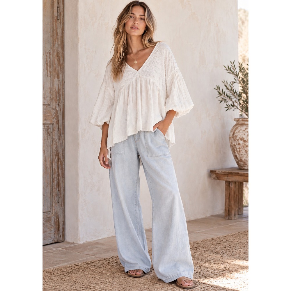 Free People We The Free Flower Power Top Blouse Sz L White Gauzy Loose Oversized